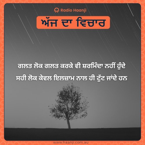 ਗਲਤ ਲੋਕ ਗਲਤ ਕਰਕੇ ਵੀ ਸ਼ਰਮਿੰਦਾ ਨਹੀਂ ਹੁੰਦੇ,  ਸਹੀ ਲੋਕ ਕੇਵਲ ਇਲਜ਼ਾਮ ਨਾਲ ਹੀ ਟੁੱਟ ਜਾਂਦੇ ਹਨ