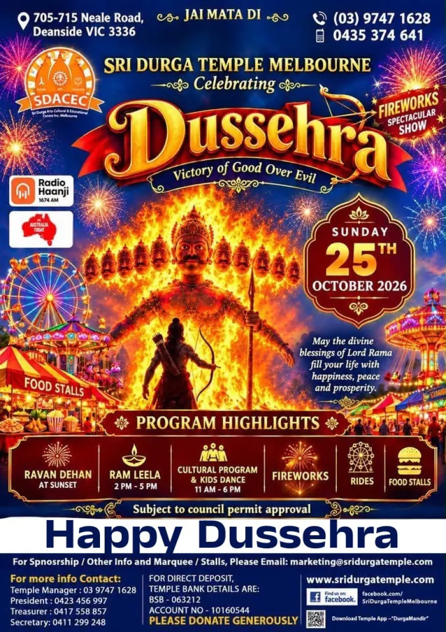 Sri Durga Temple Melbourne Dussehra 2026: Timings, Ravan Dahan
